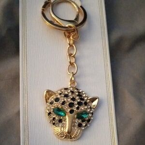 PANTHER PURSE CHARM KEY FOB GOLD TONE GREEN CRYSTAL EYES 4 IN